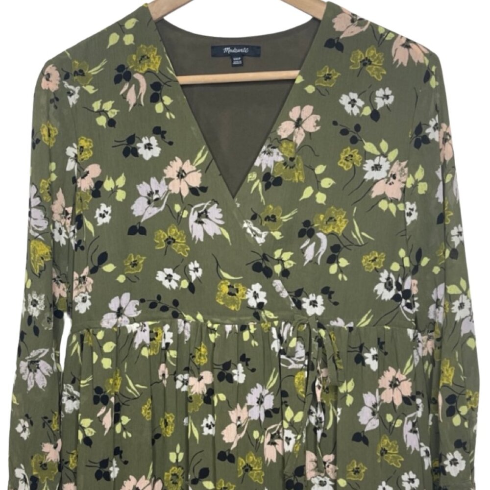 MADEWELL | Olive Green Floral Cinched Waist Wildblooms Midi Dress | Size XXSP - Picture 3 of 14